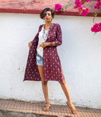 Ikat Maroon-White Striped Women's Long Jacket