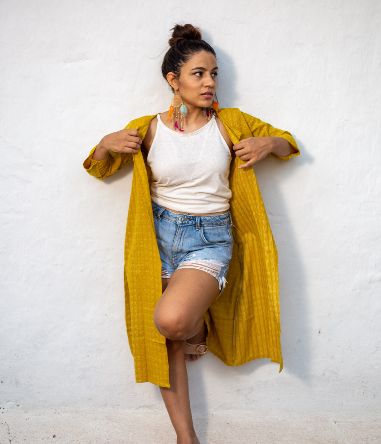 Ikat Mustard-White Patterned Women's Long Jacket
