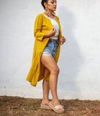 Ikat Mustard-White Patterned Women's Long Jacket
