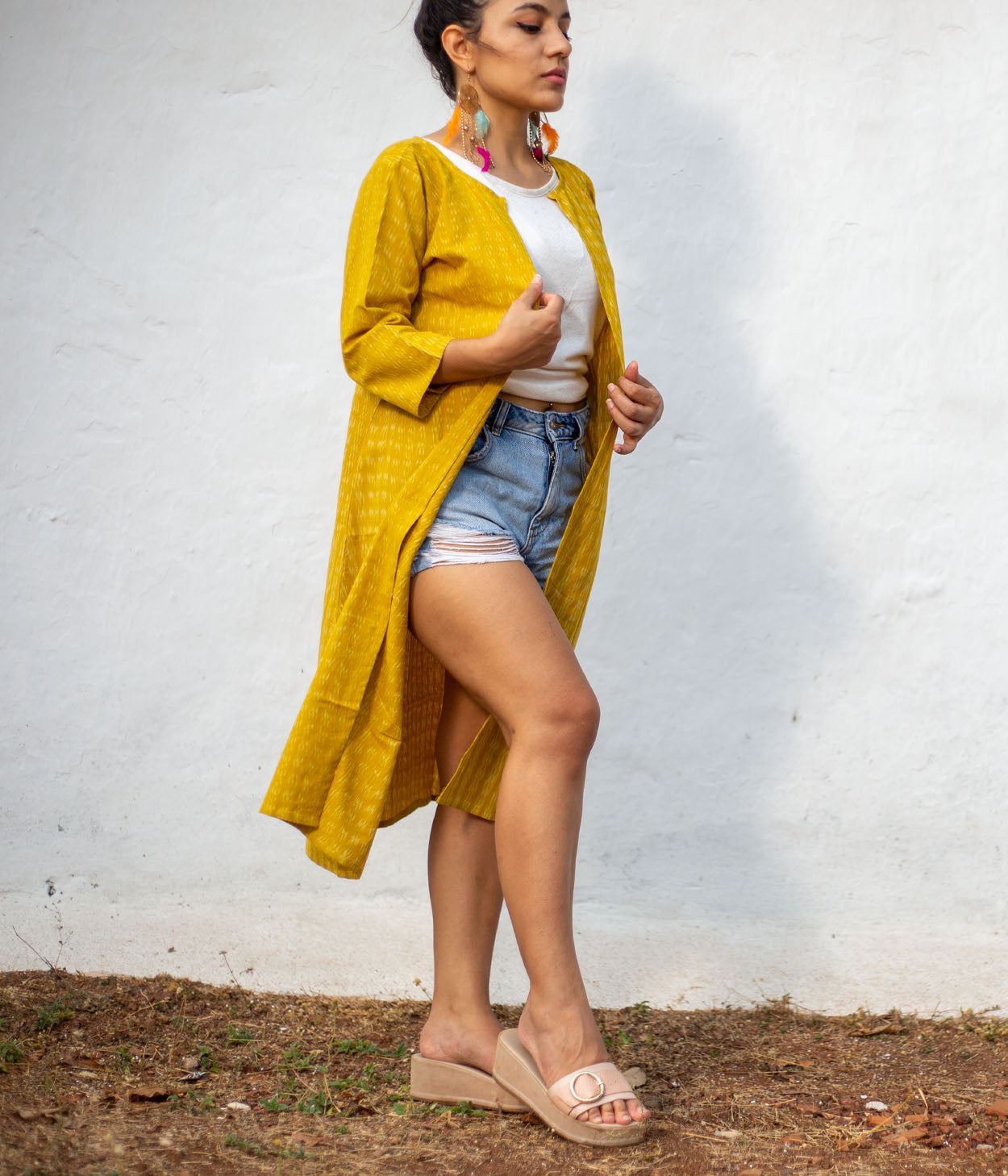 Ikat Mustard-White Patterned Women's Long Jacket