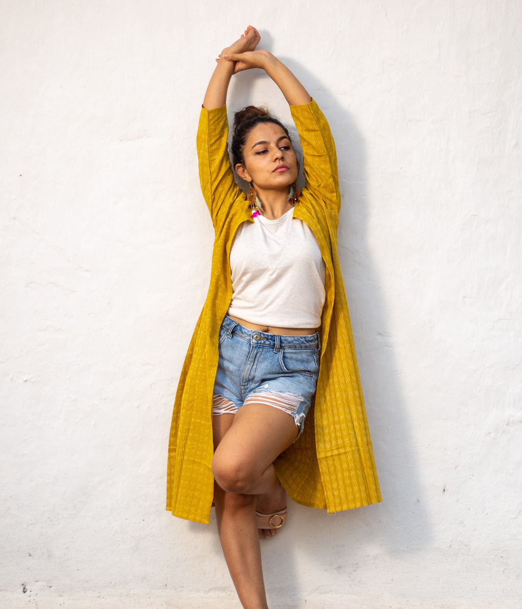 Ikat Mustard-White Patterned Women's Long Jacket
