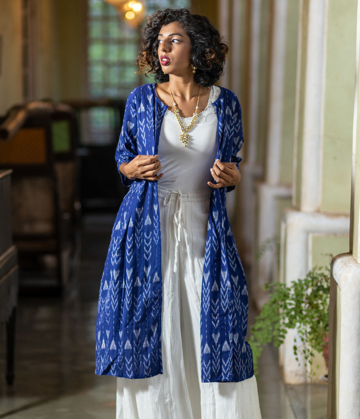 Ikat Navy Chevrons Women's Long Jacket