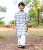 Ikat Olive-White Patterned Boys Long Kurta