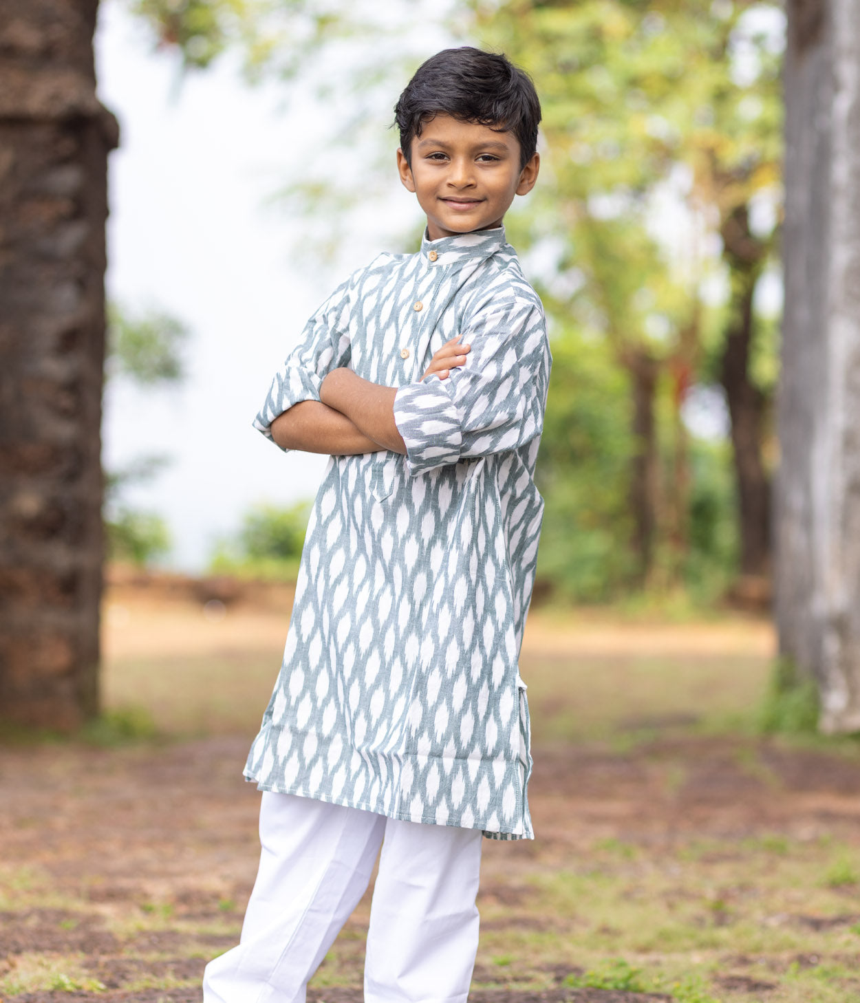Ikat Olive-White Patterned Boys Long Kurta