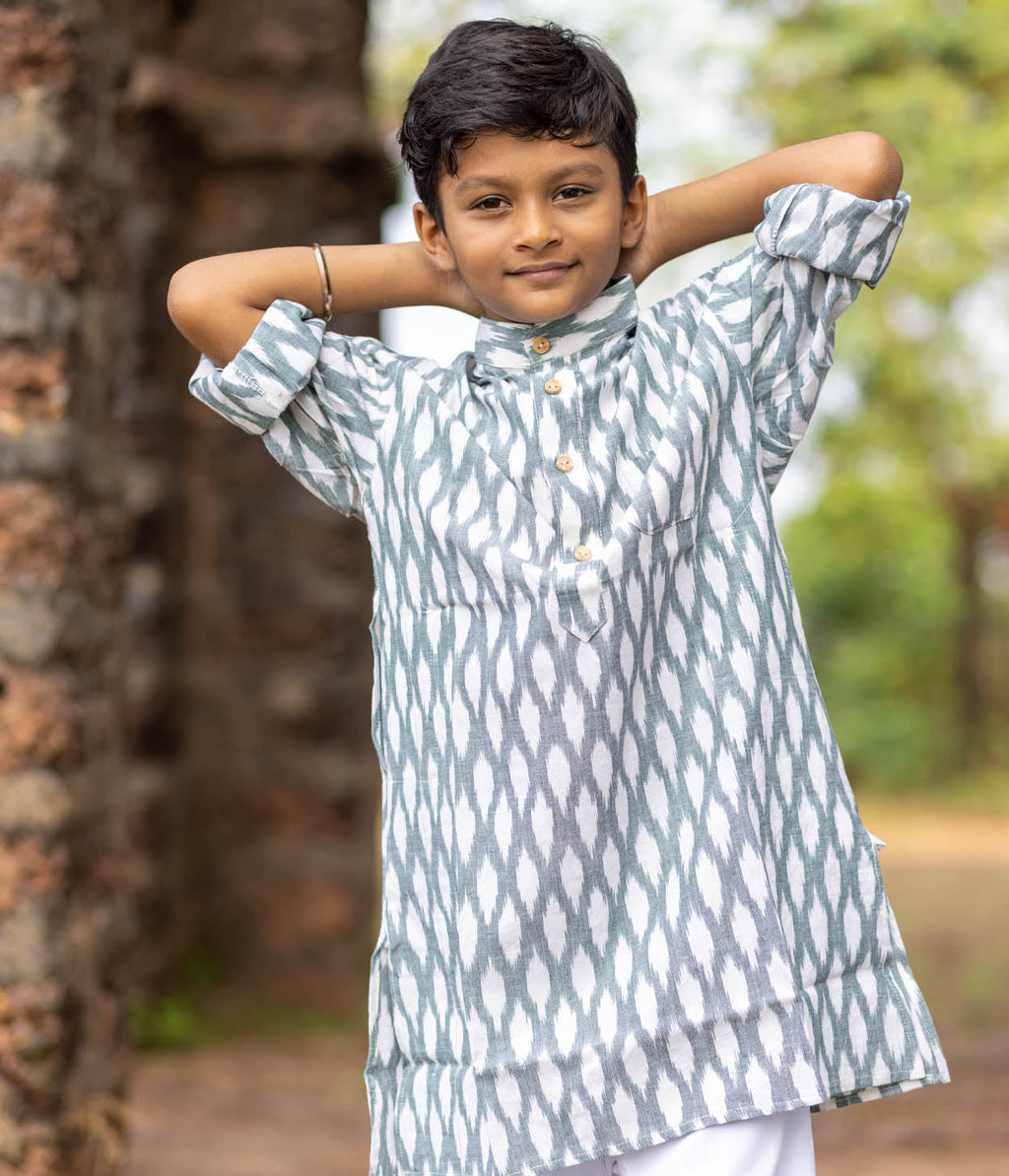 Ikat Olive-White Patterned Boys Long Kurta