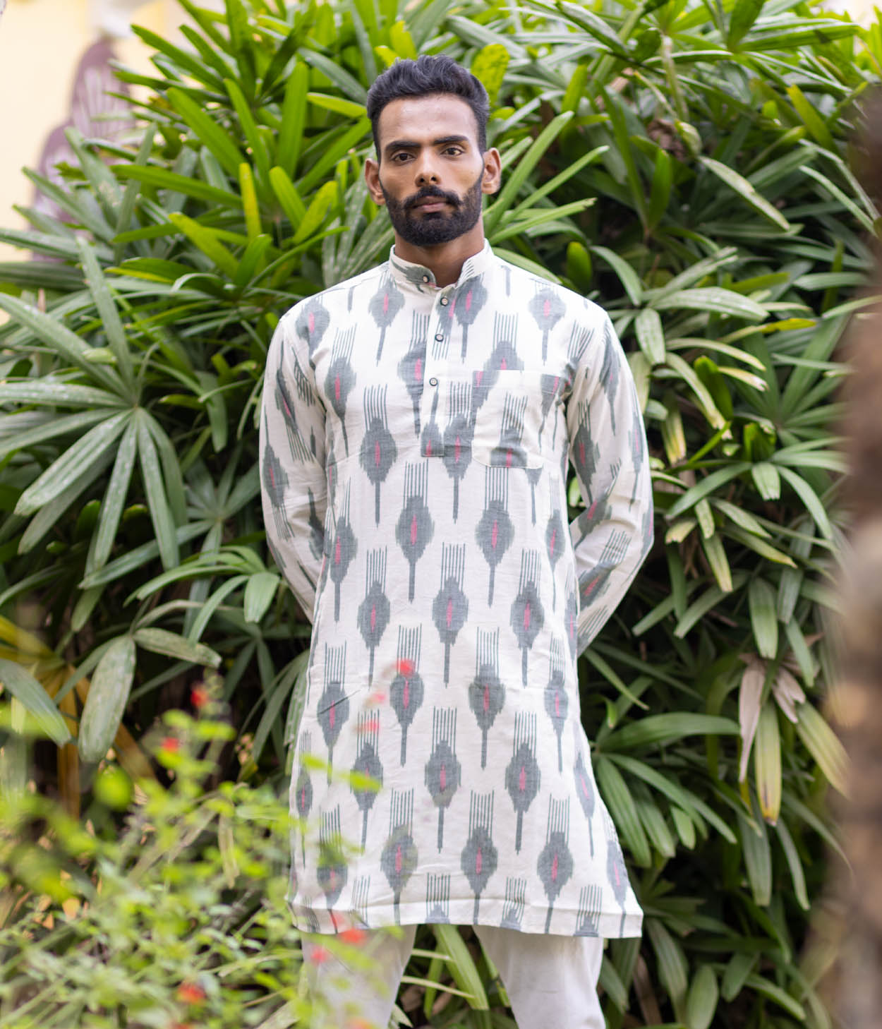 Ikat Olive-White Patterned Mens Long Kurta