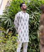 Ikat Olive-White Patterned Mens Long Kurta