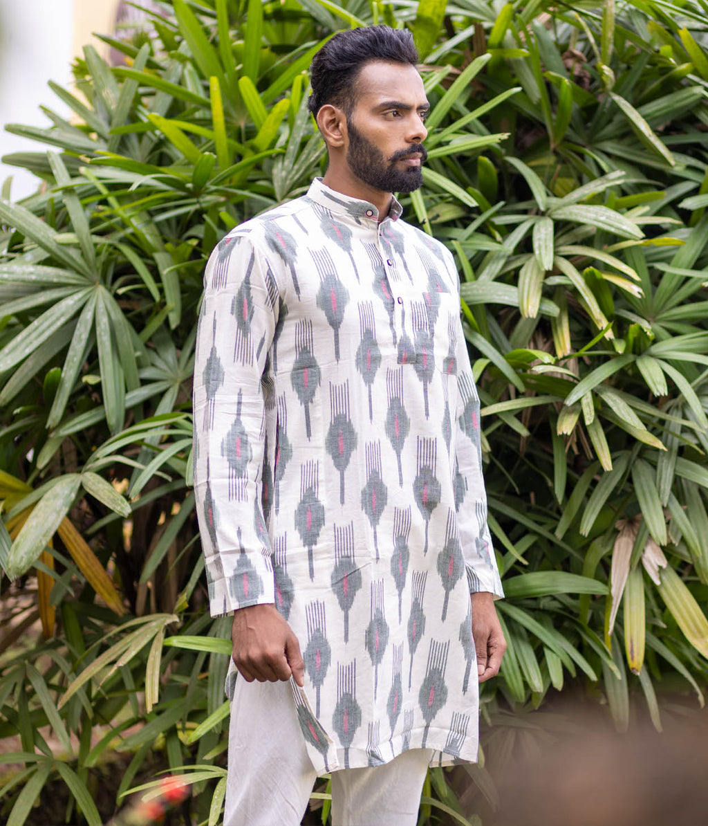 Ikat Olive-White Patterned Mens Long Kurta