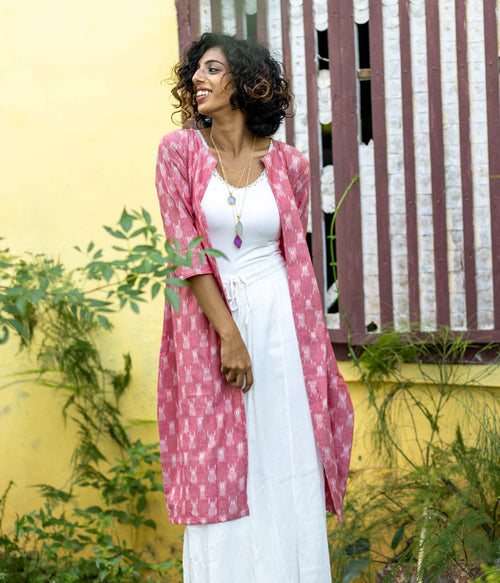 Ikat Peach Patterned Women's Long Jacket