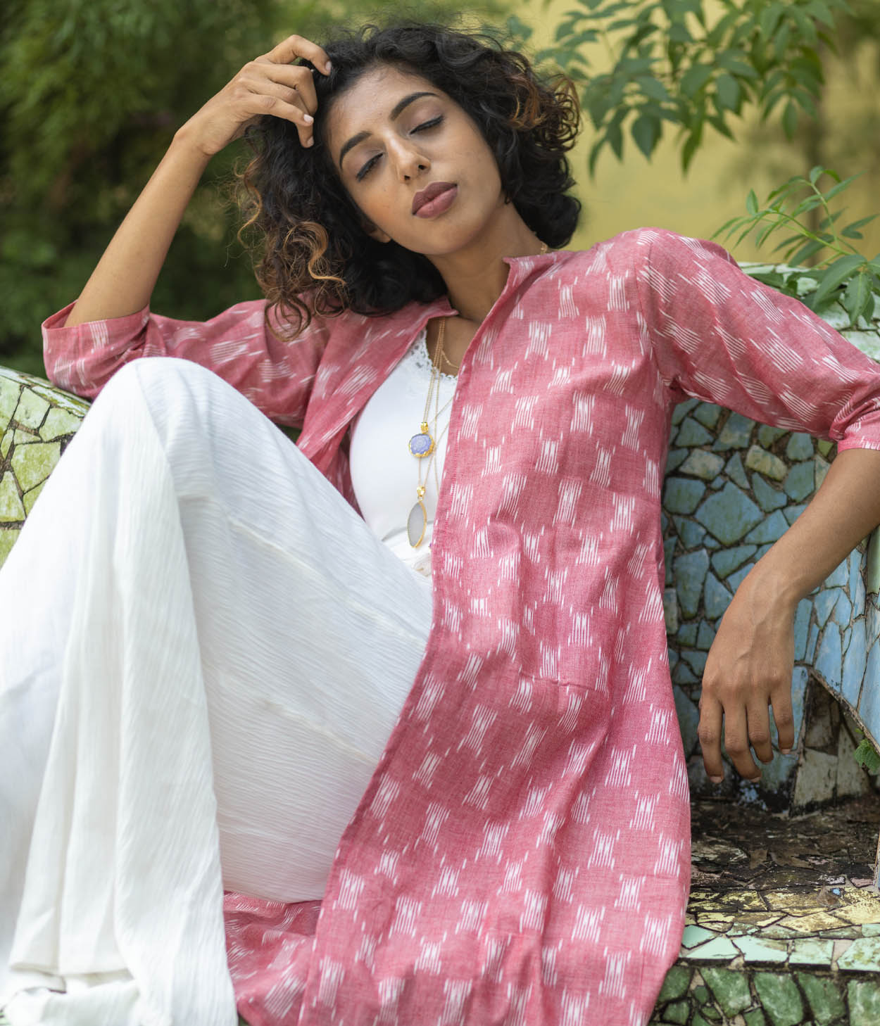 Ikat Peach Patterned Women's Long Jacket