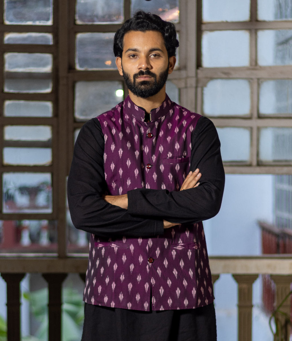 Ikat Purple Patterned Mens Nehru Jacket