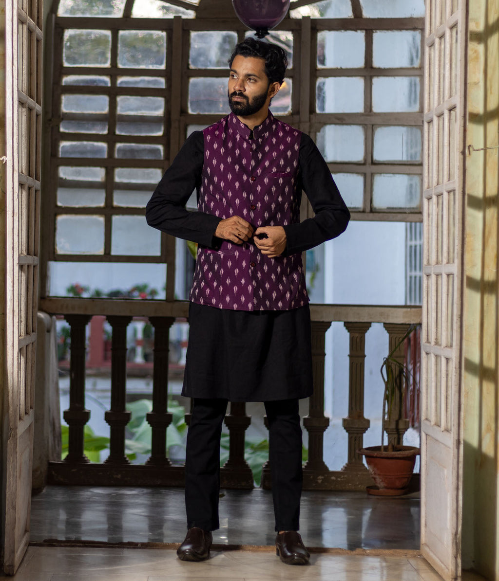 Ikat Purple Patterned Mens Nehru Jacket
