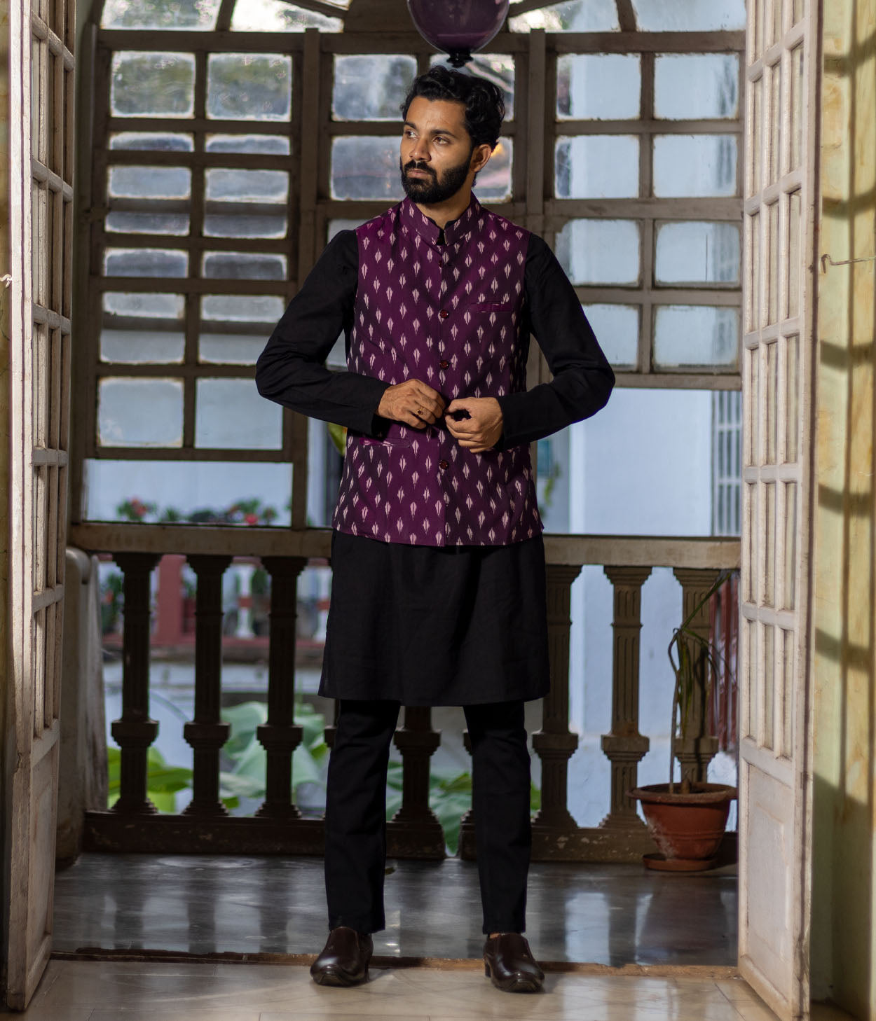 Ikat Purple Patterned Mens Nehru Jacket