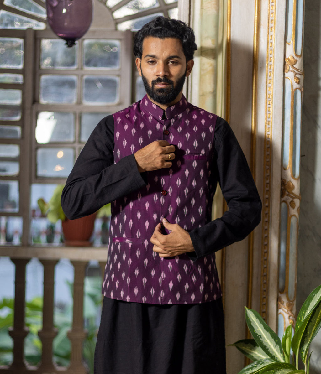 Ikat Purple Patterned Mens Nehru Jacket