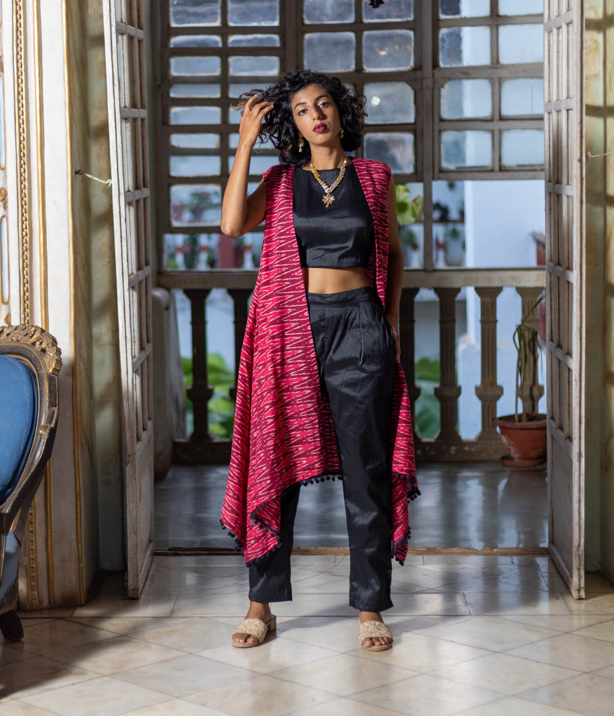 Ikat Red Waves Womens Shrug