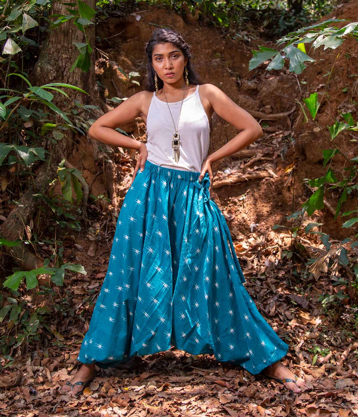 Ikat Teal Patterned Boho Pant Main image