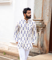 Ikat White-Blue Arrows Mens Short Kurta