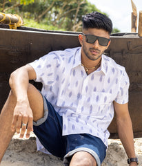 Ikat White-Blue Mens Short-Sleeved Shirt