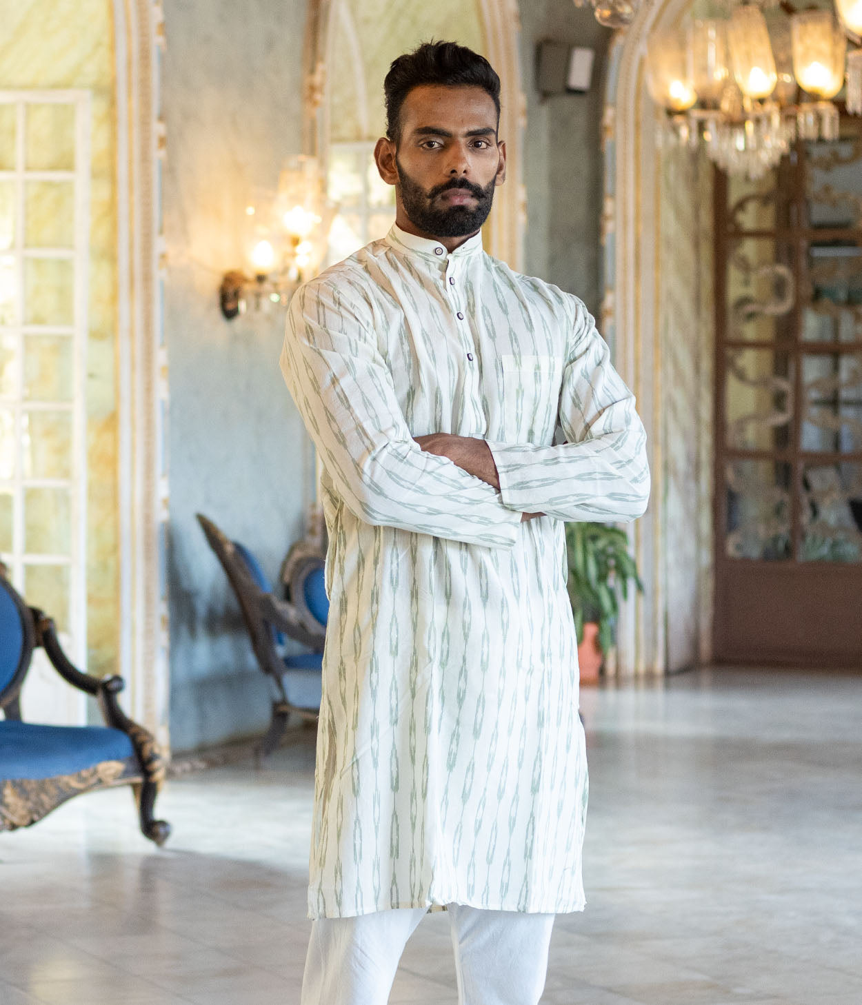 Ikat White-Green Patterned Mens Long Kurta Main image