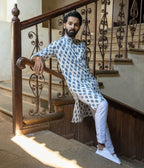Ikat White-Blue Patterned Mens Long Kurta