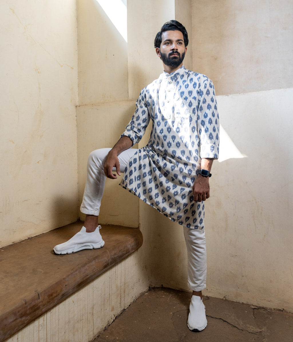 Ikat White-Blue Patterned Mens Long Kurta