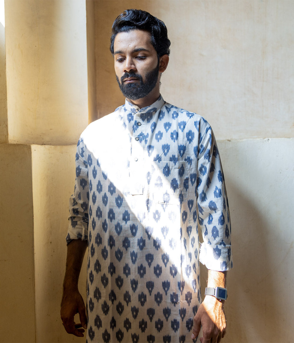 Ikat White-Blue Patterned Mens Long Kurta
