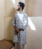 Ikat White-Blue Patterned Mens Long Kurta