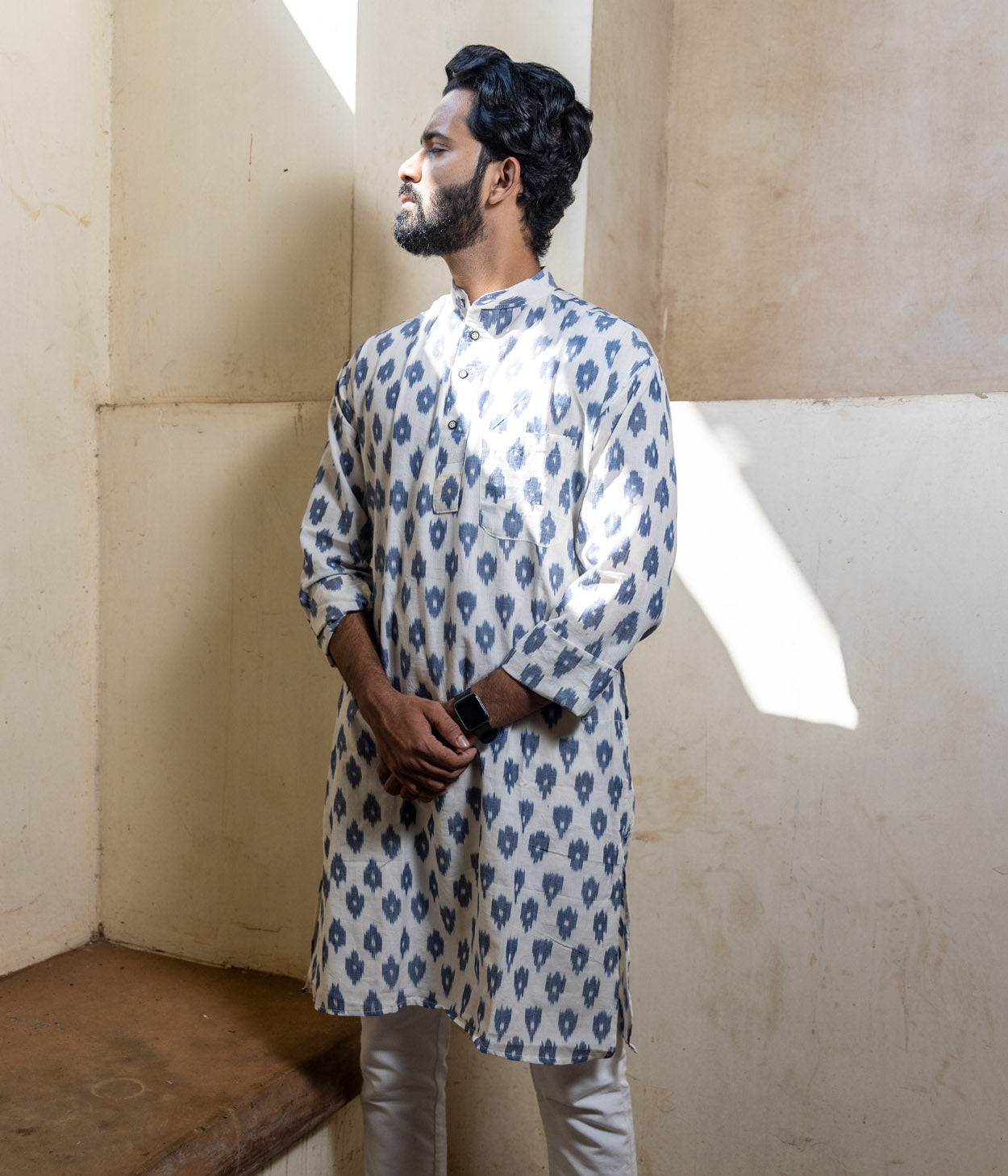 Ikat White-Blue Patterned Mens Long Kurta
