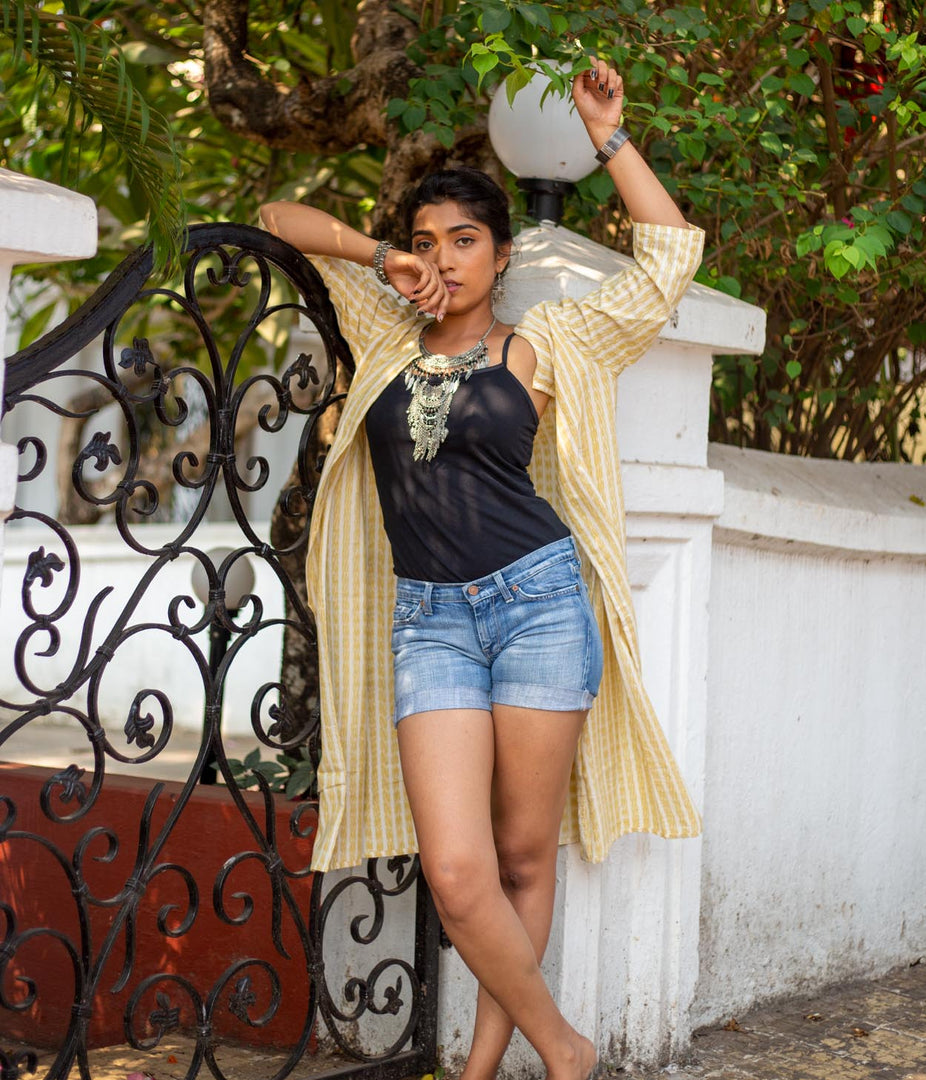 Ikat Yellow Striped Women's Long Jacket