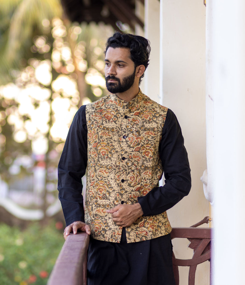 Kalamkari Beige Motifs Mens Nehru Jacket