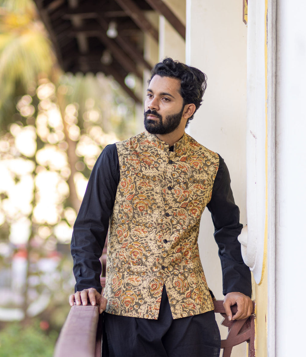 Kalamkari Beige Motifs Mens Nehru Jacket