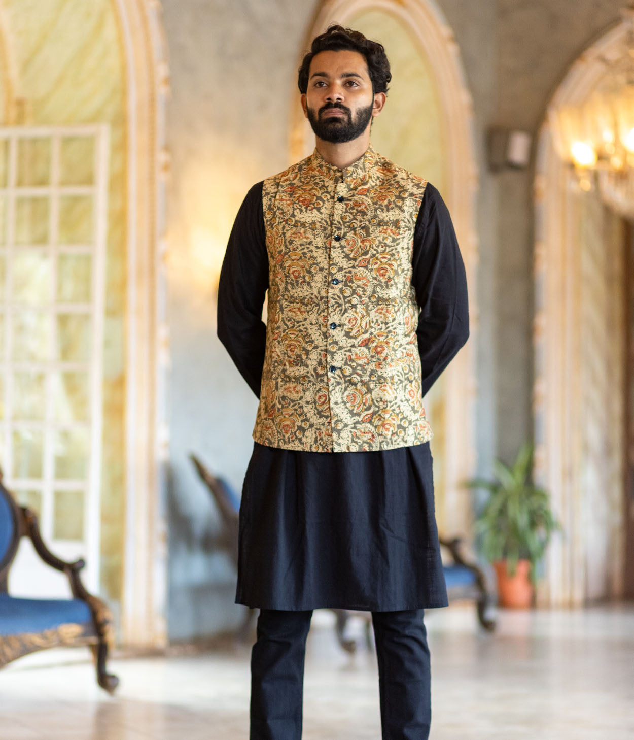 Kalamkari Beige Motifs Mens Nehru Jacket