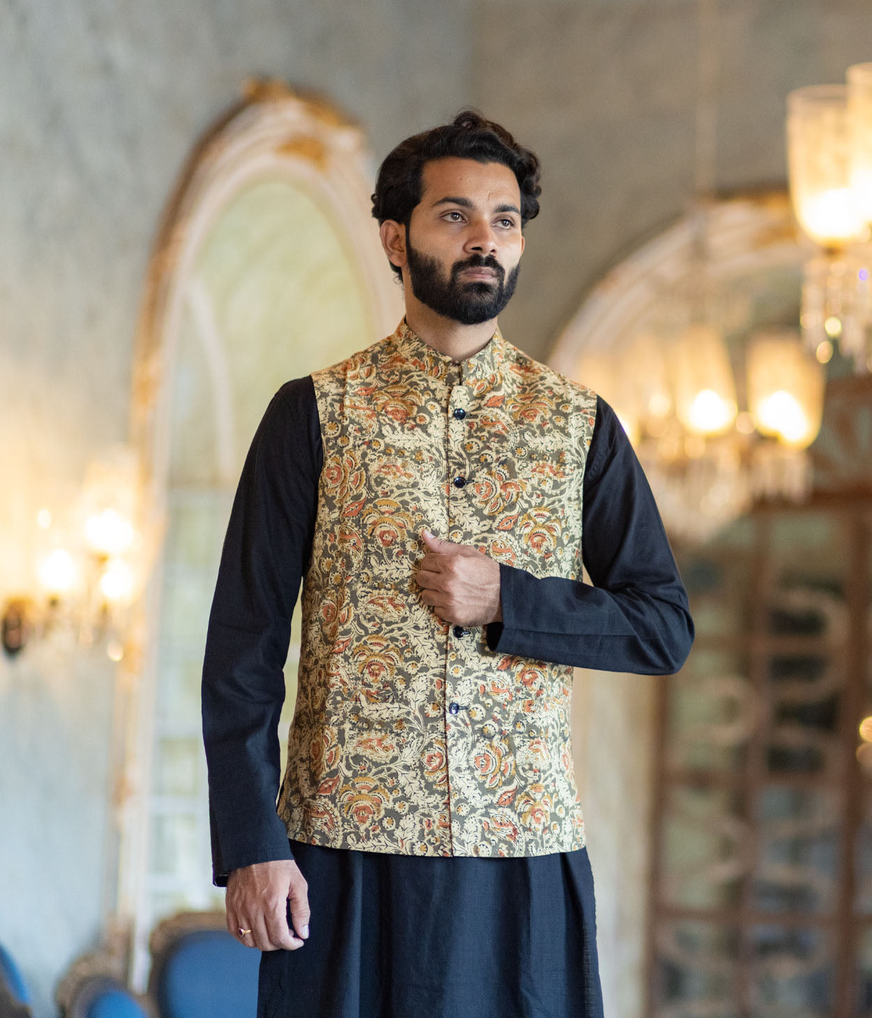 Kalamkari Beige Motifs Mens Nehru Jacket