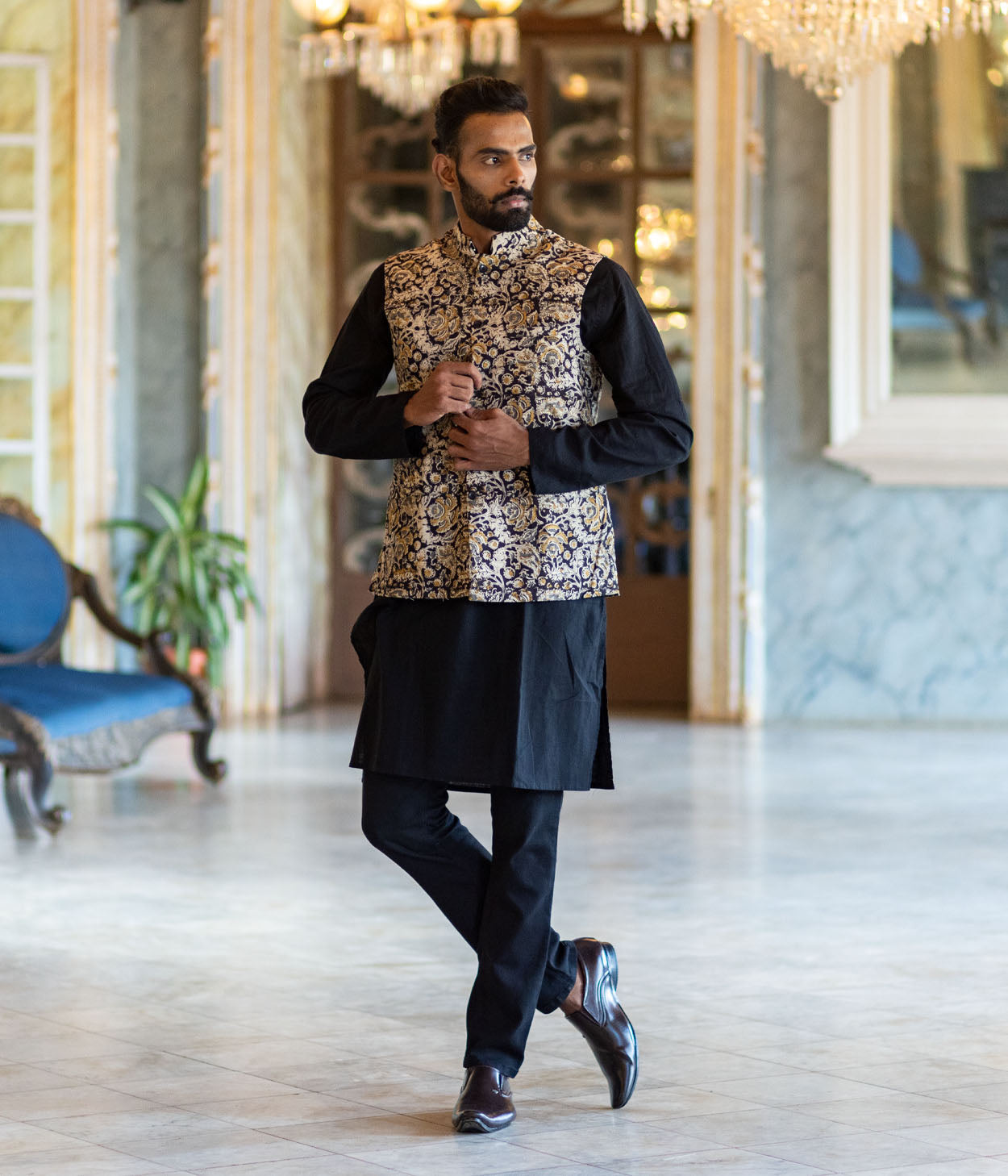 Kalamkari Black Motifs Mens Nehru Jacket Secondary image