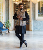 Kalamkari Black Motifs Mens Nehru Jacket