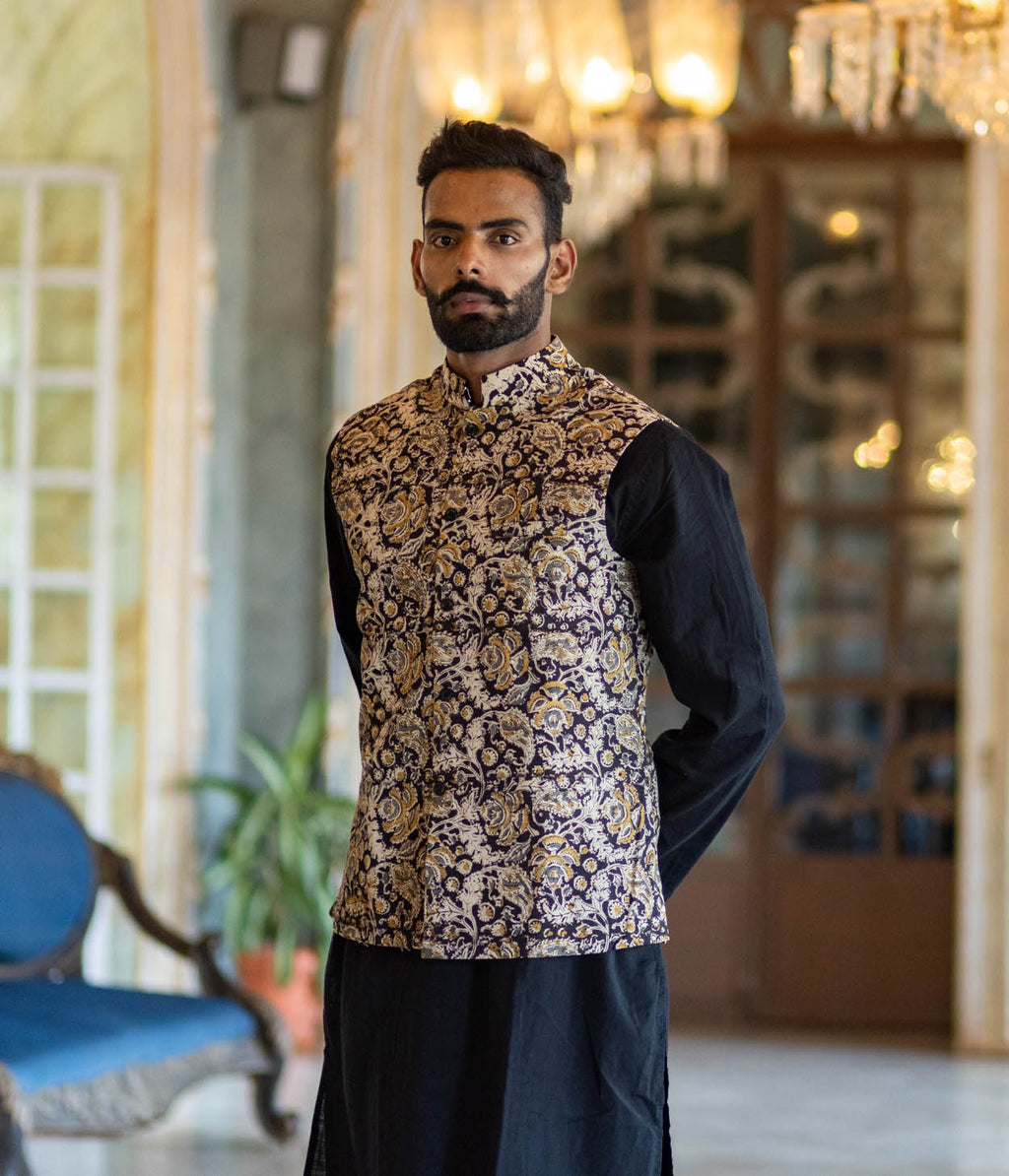 Kalamkari Black Motifs Mens Nehru Jacket