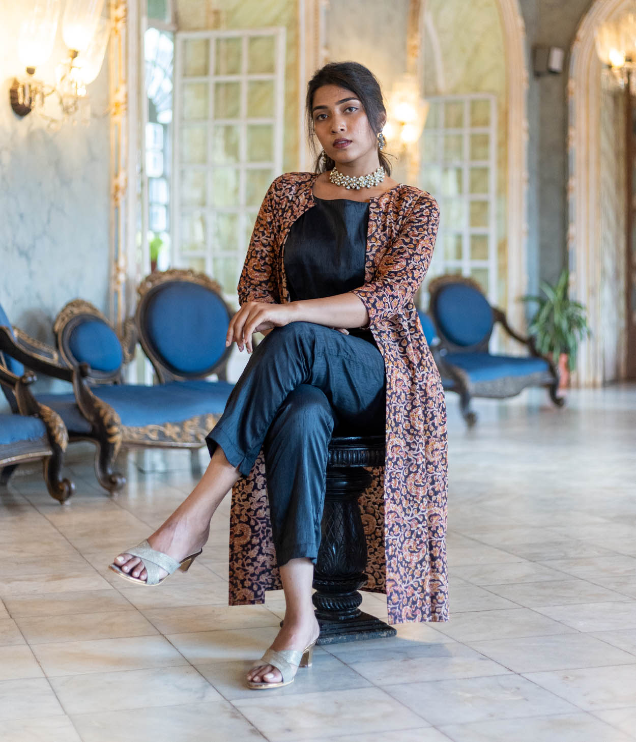 Kalamkari Black Motifs Women's Long Jacket Main image