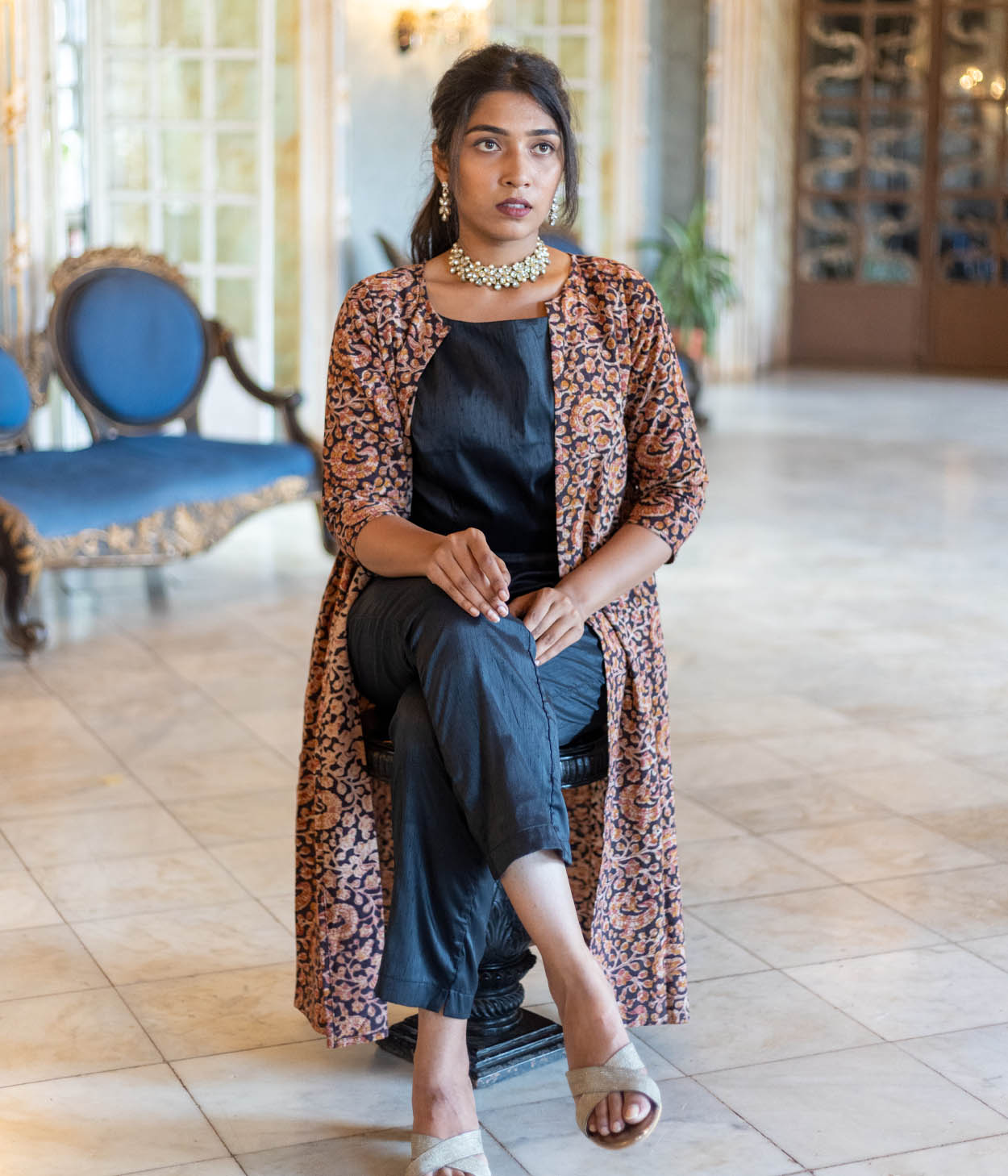 Kalamkari Black Motifs Women's Long Jacket