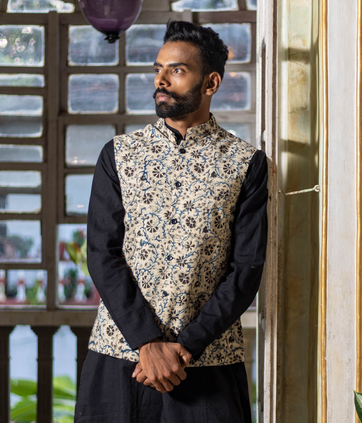 Kalamkari Blue Floral Mens Nehru Jacket