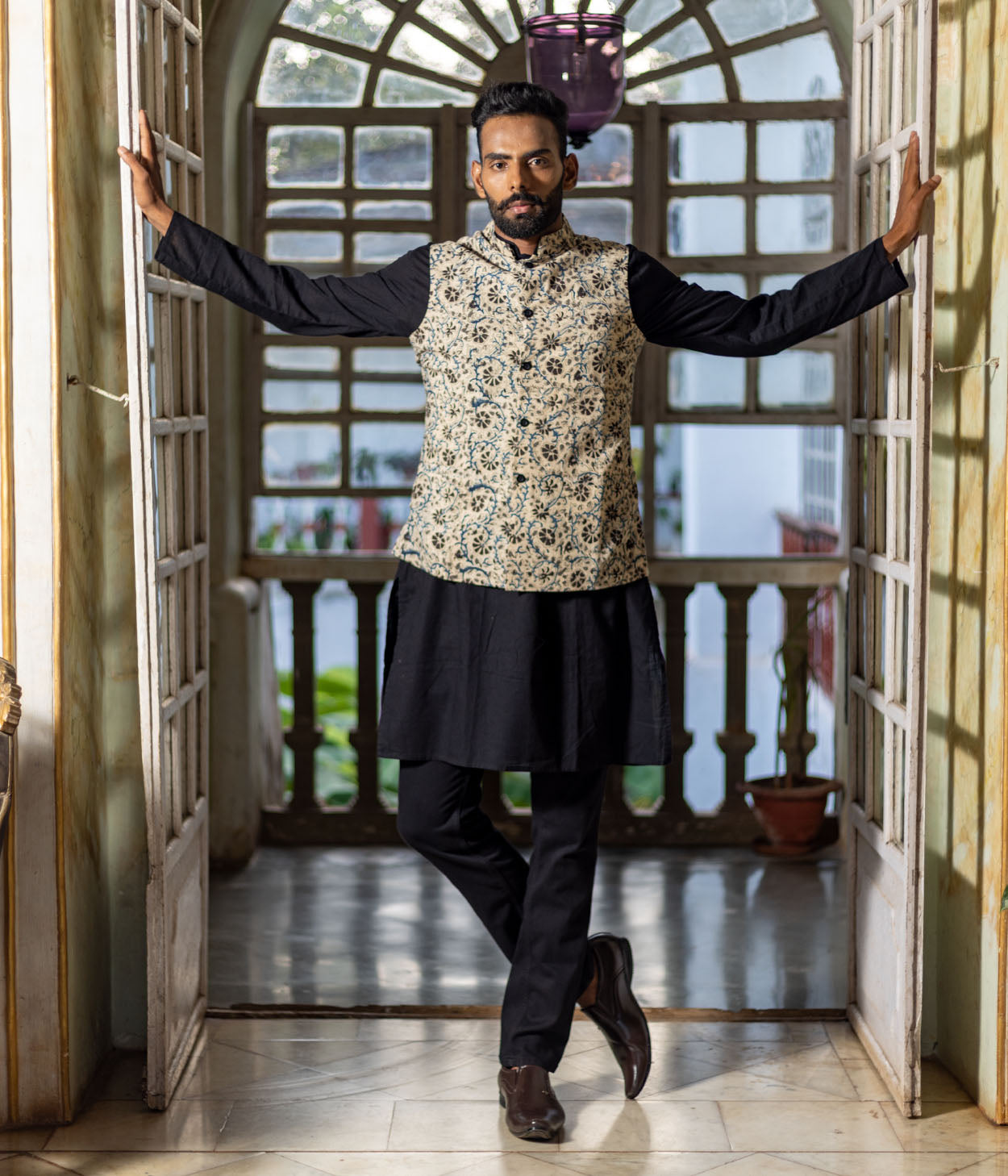 Kalamkari Blue Floral Mens Nehru Jacket