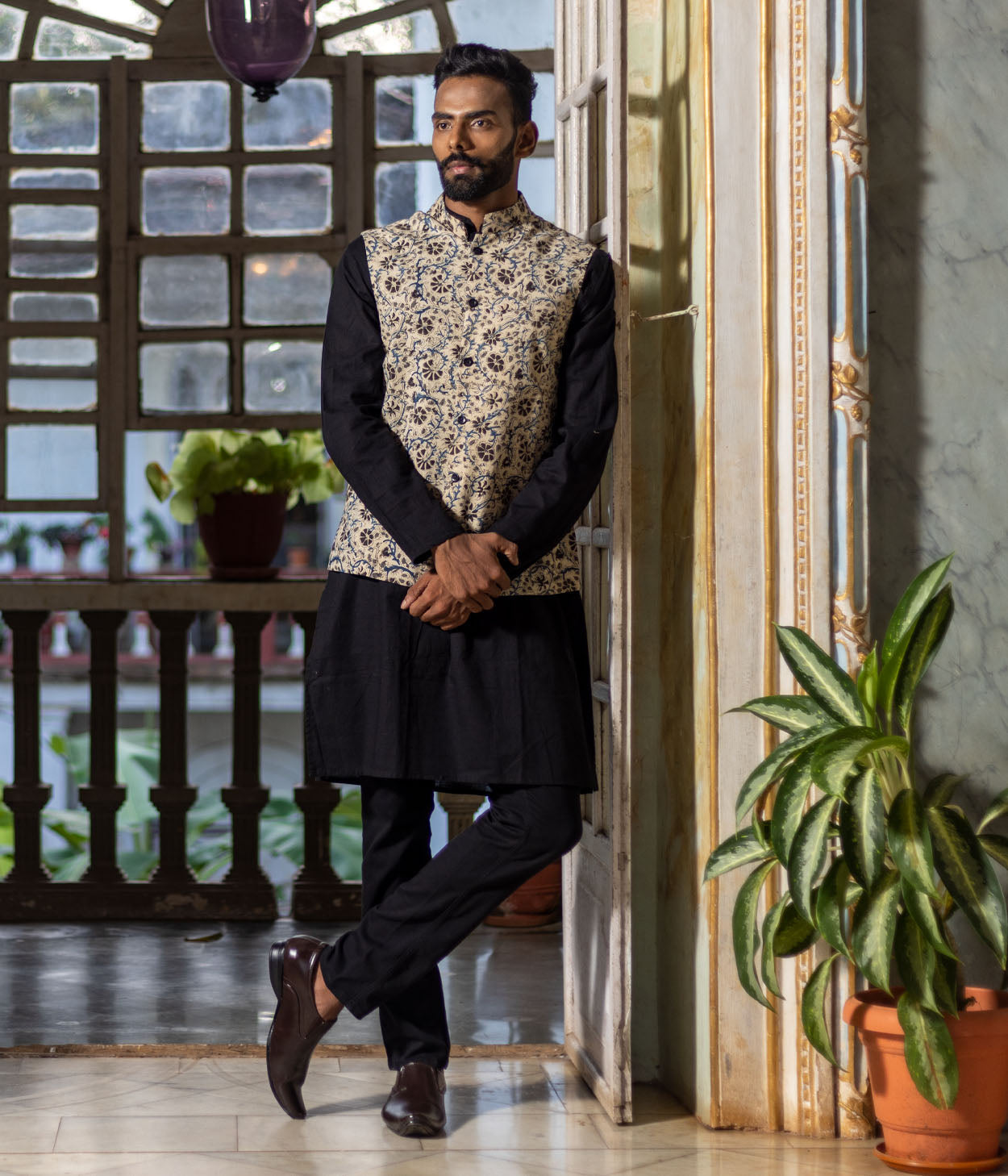 Kalamkari Blue Floral Mens Nehru Jacket