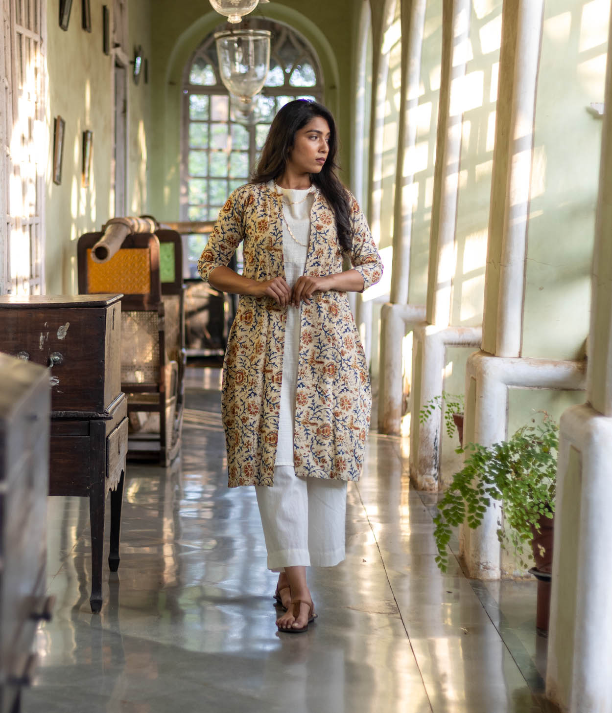 Kalamkari Blue Motifs Women's Long Jacket