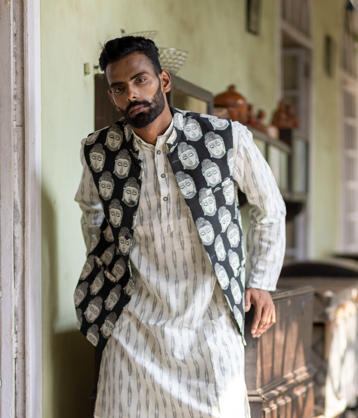 Kalamkari Buddha Black Mens Nehru Jacket Main image