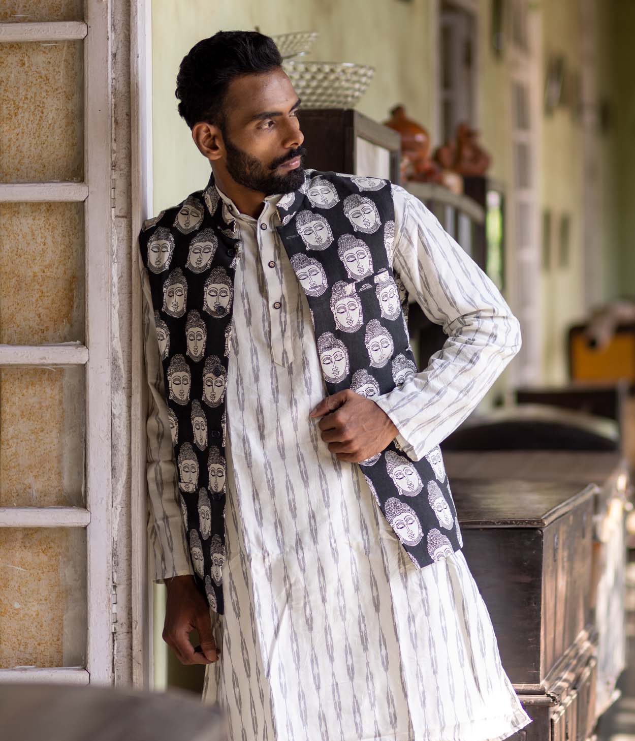Kalamkari Buddha Black Mens Nehru Jacket Secondary image