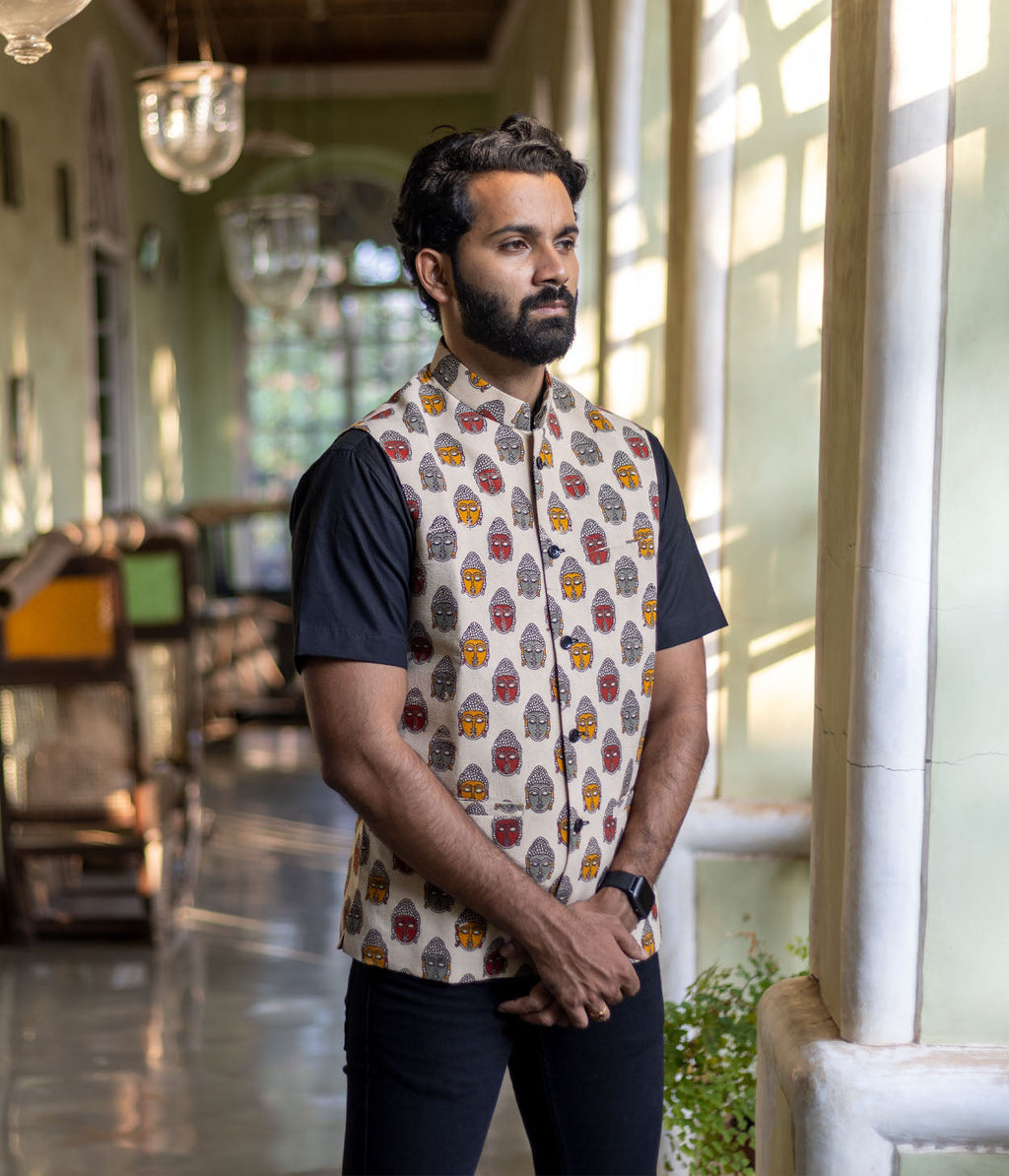 Kalamkari Buddha Cream Mens Nehru Jacket