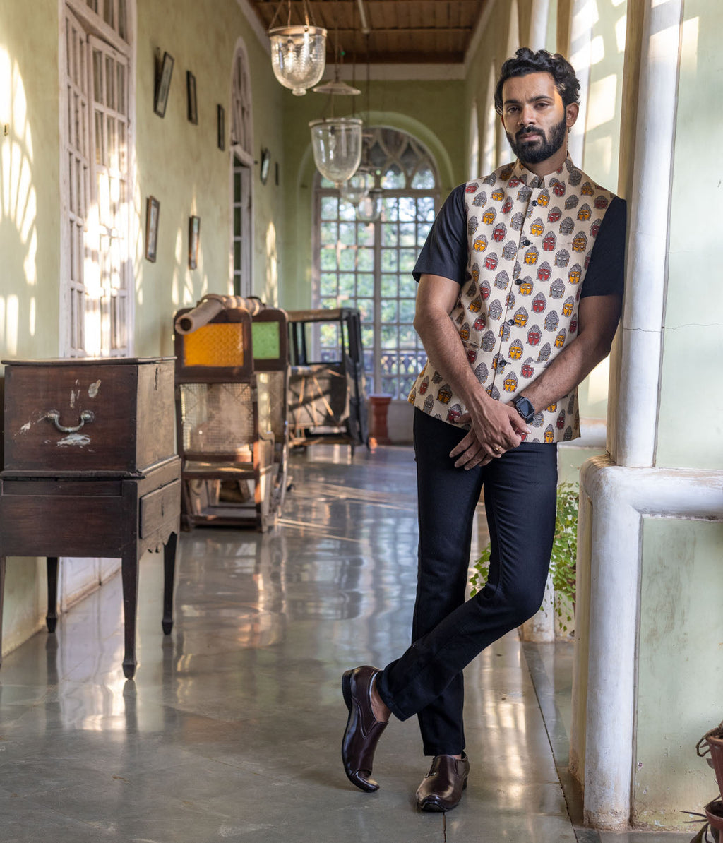 Kalamkari Buddha Cream Mens Nehru Jacket