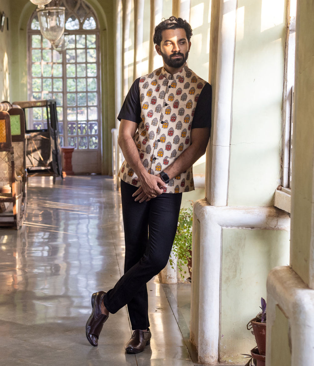 Kalamkari Buddha Cream Mens Nehru Jacket