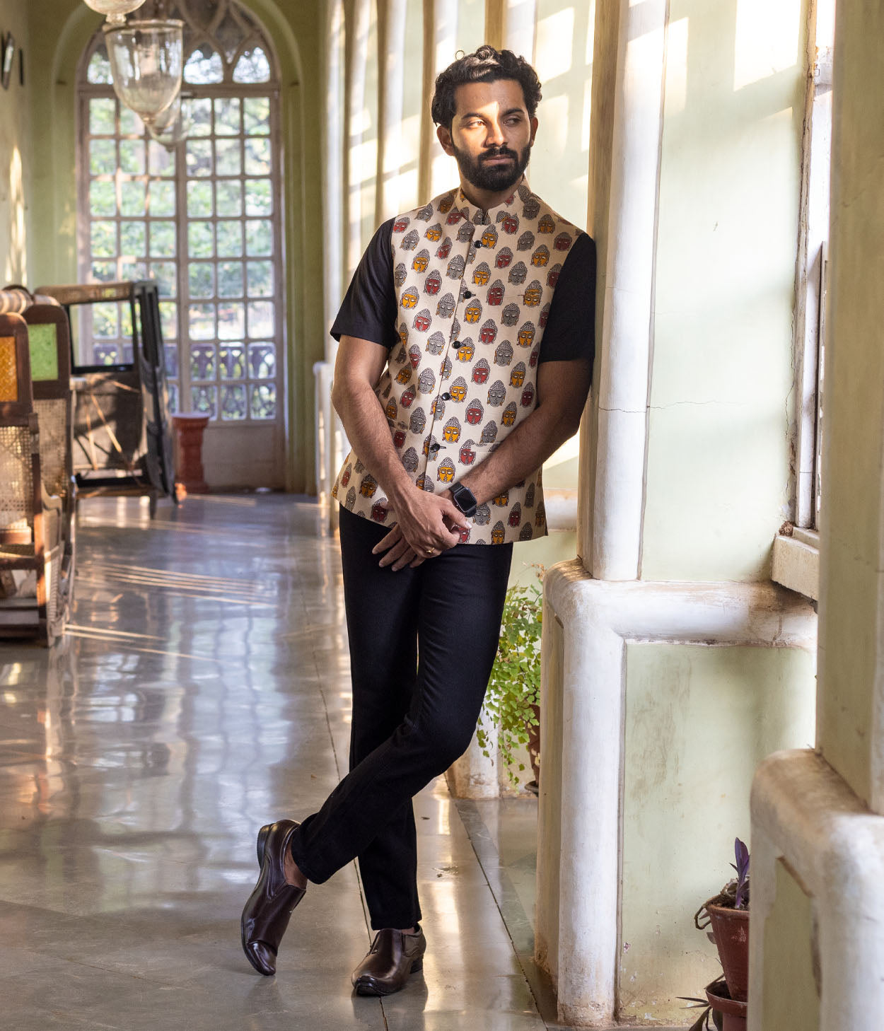 Kalamkari Buddha Cream Mens Nehru Jacket