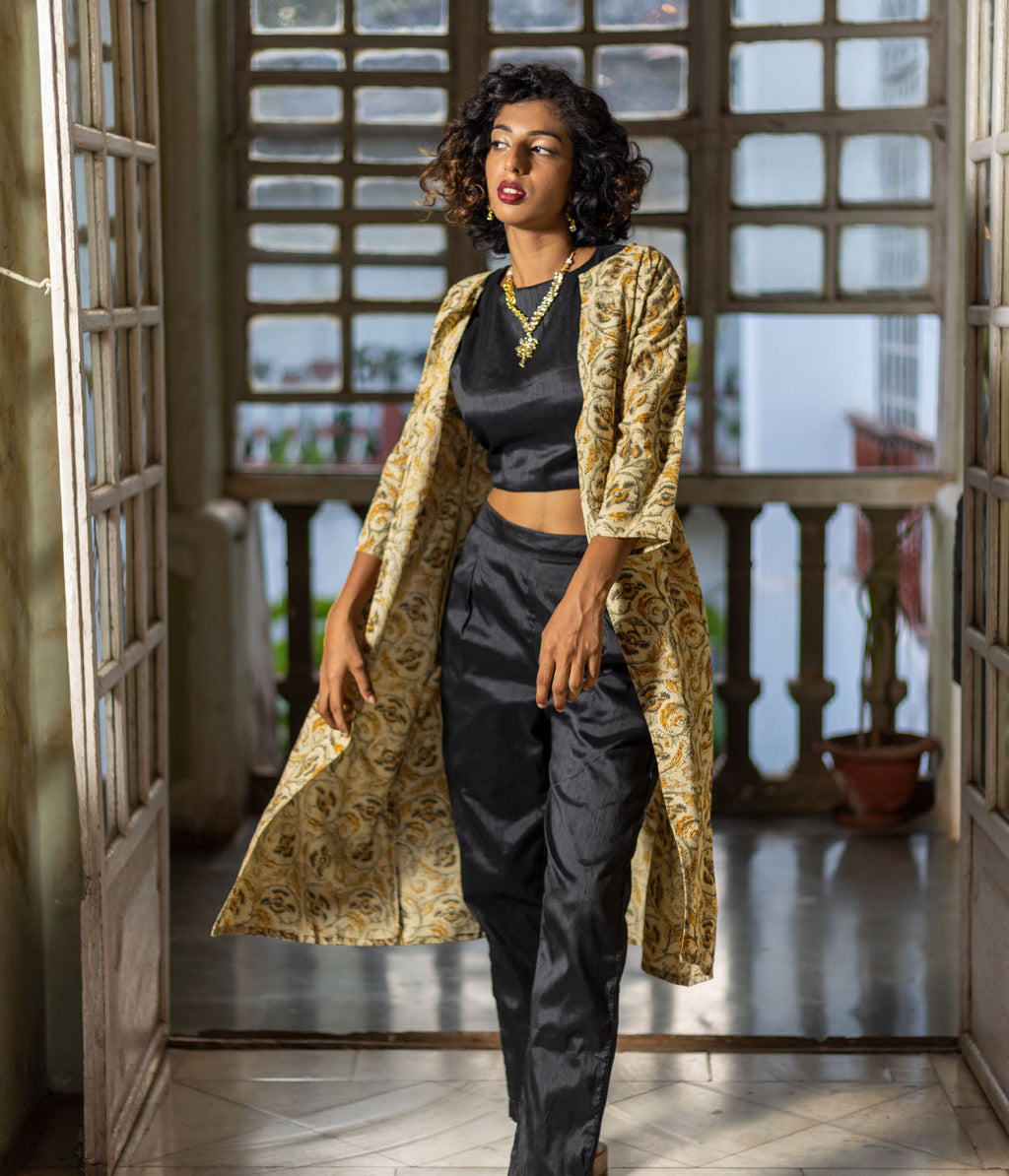 Kalamkari Mustard Motifs Women's Long Jacket