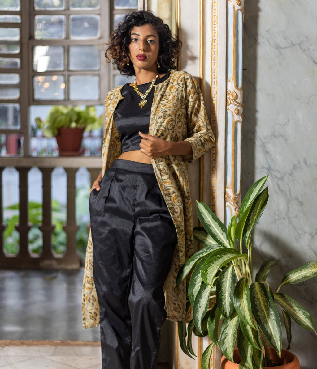 Kalamkari Mustard Motifs Women's Long Jacket